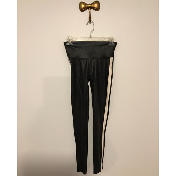 SPANX Women's Faux Leather Stripe Leggings Very Black/White - Size Small - Picture 1 of 9